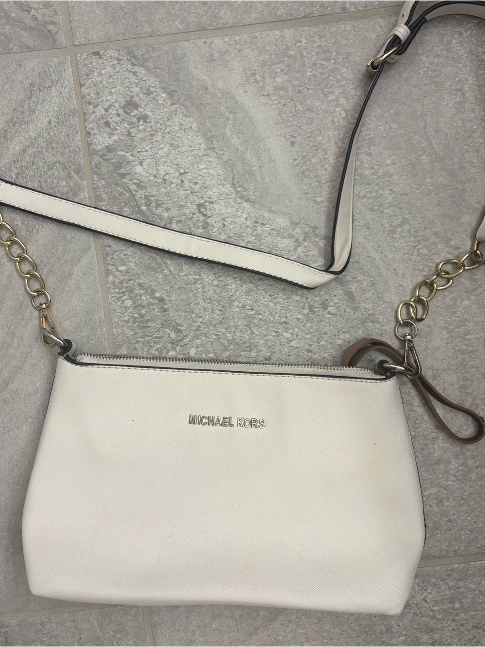 Michael Kors White Leather Crossbody with Gold Chain Accents